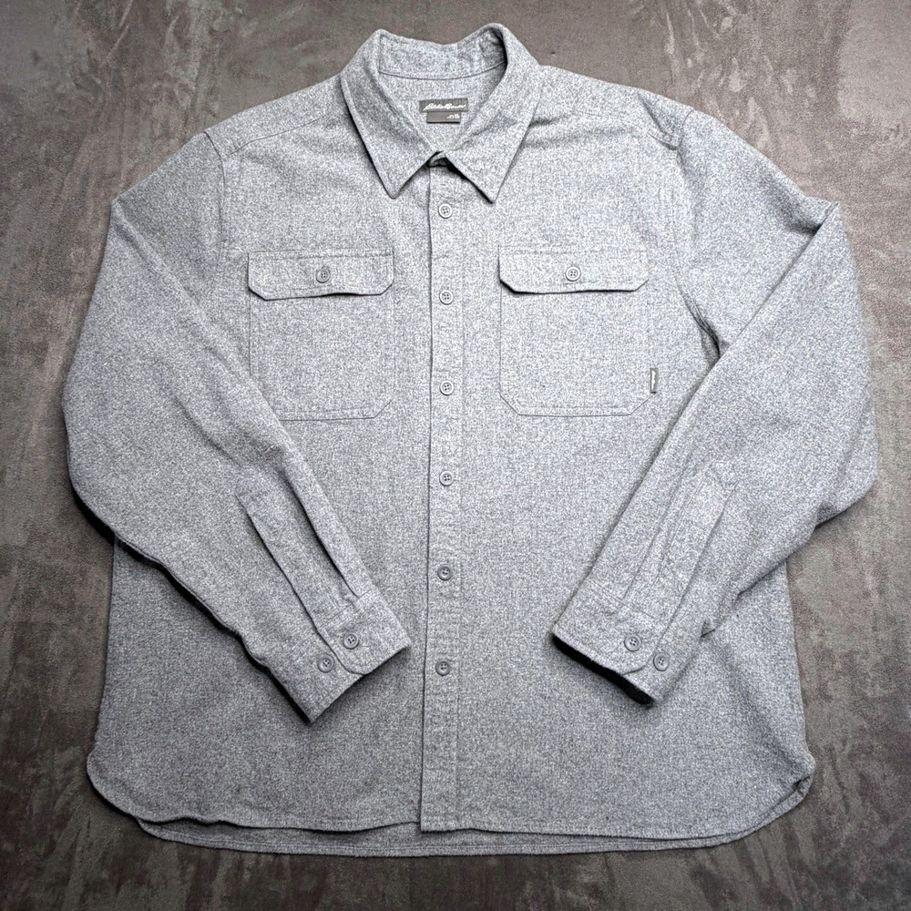 Eddie Bauer Flannel Shirt Jacket Mens‎ XL Gray Heavyweight Cotton Button Shacket